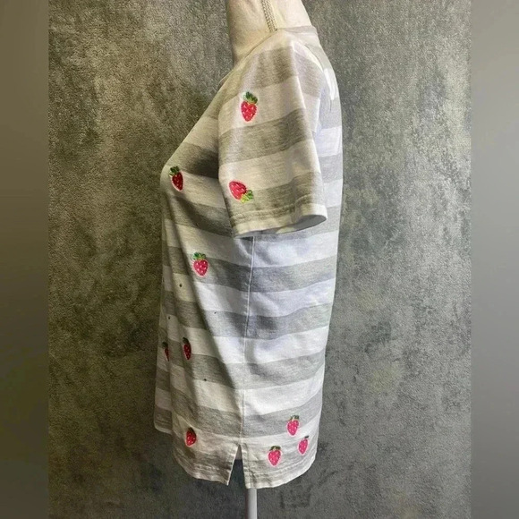 Quacker Factory striped strawberry and rhinestone T-shirt women’s size S - Picture 5 of 8